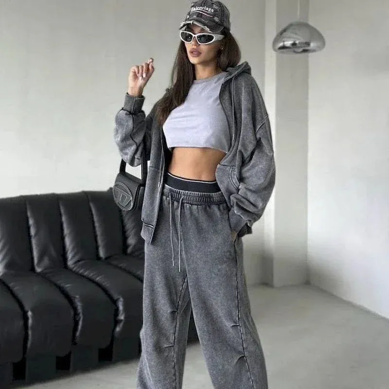 Vintage Distressed Hip-hop Harajuku Zipper Hooded Wide Leg Tracksuit Hoodie