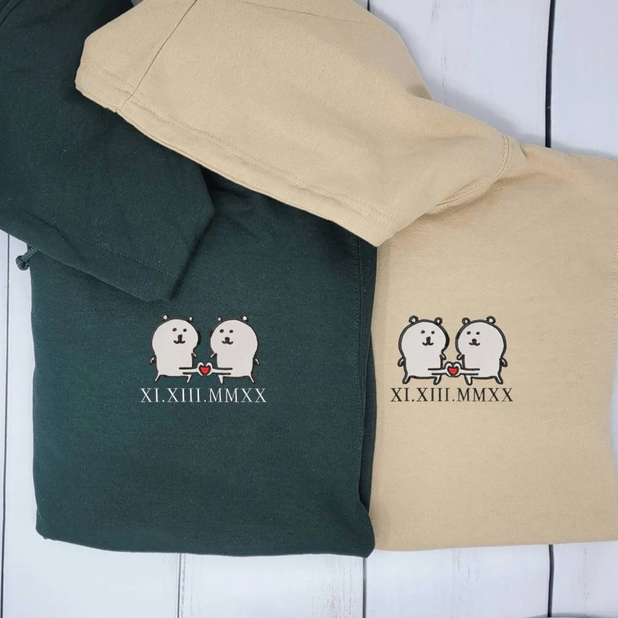 White Bear Couple Custom Roman Numeral Matching Couple Hoodies - Personalized Matching Sweatshirts For Couples