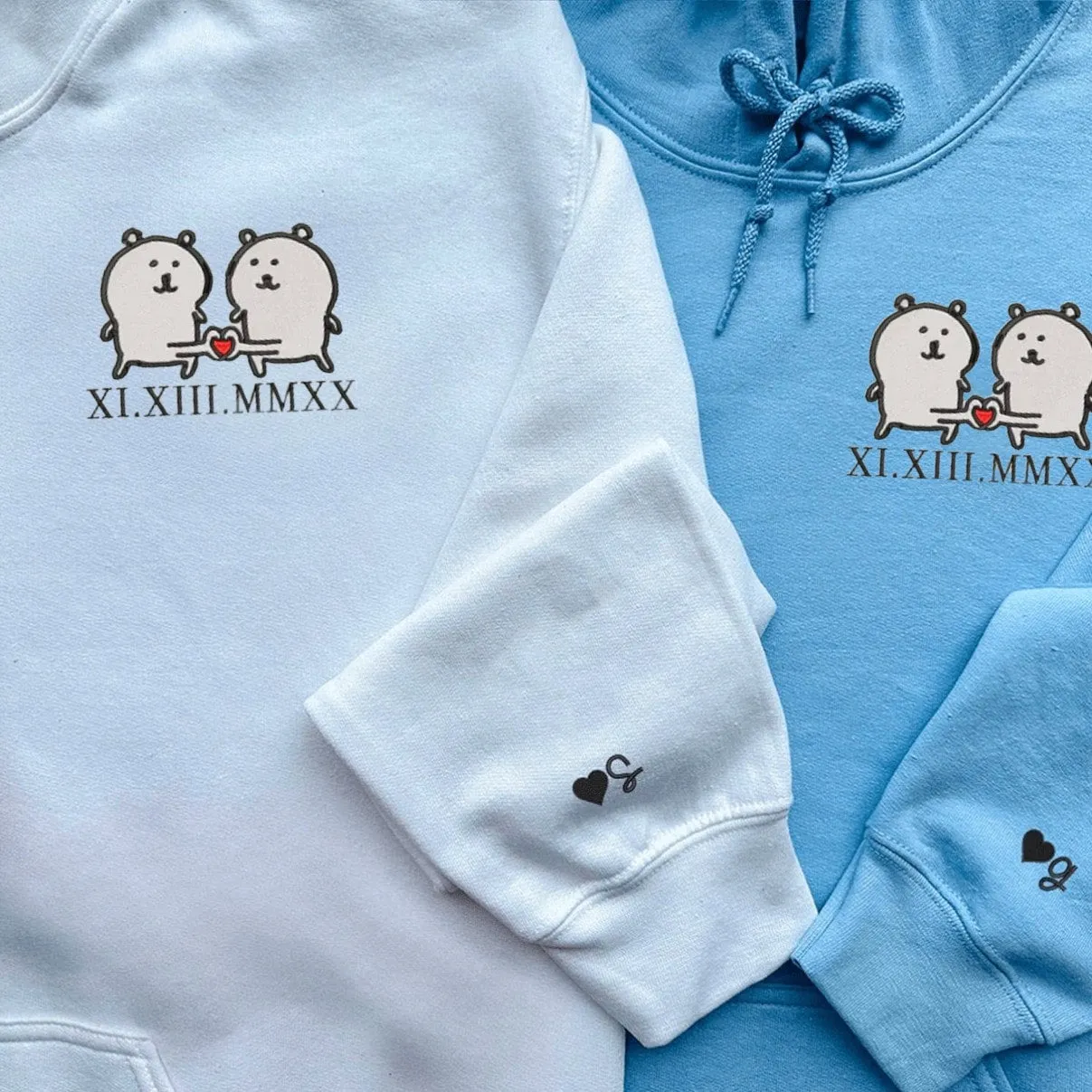 White Bear Couple Custom Roman Numeral Matching Couple Hoodies - Personalized Matching Sweatshirts For Couples