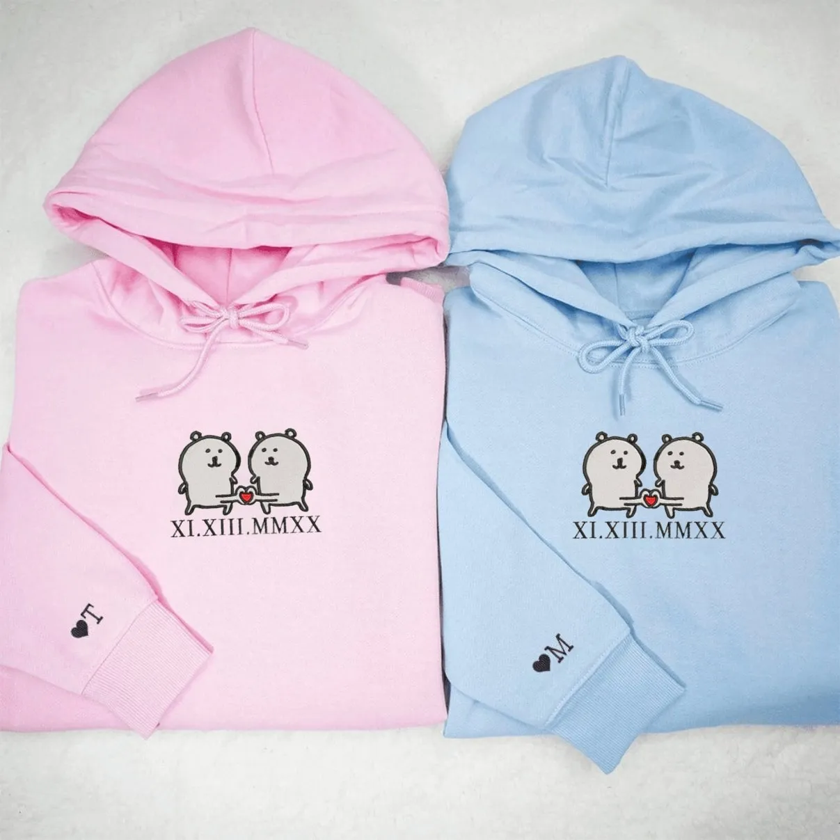 White Bear Couple Custom Roman Numeral Matching Couple Hoodies - Personalized Matching Sweatshirts For Couples