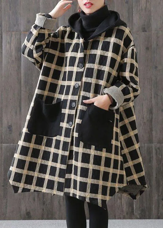 Women Plaid Pockets Button Fall Thick Hoodies Outwear Long sleeve